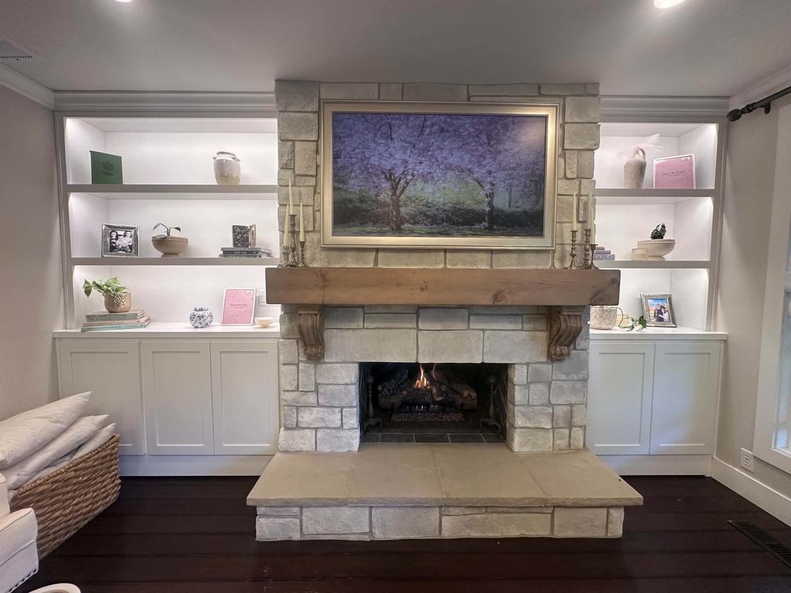 Stone fireplace · custom built-ins & mantel — cabinetry by Kovo's Karpentry in Boise, Idaho