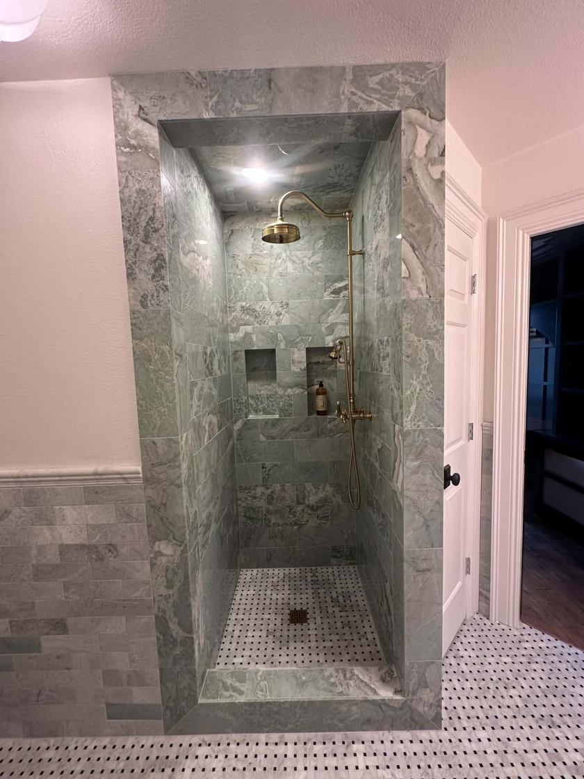 Walk-in tile shower · mosaic floor — custom tile by Kovo's Karpentry in Boise, Idaho